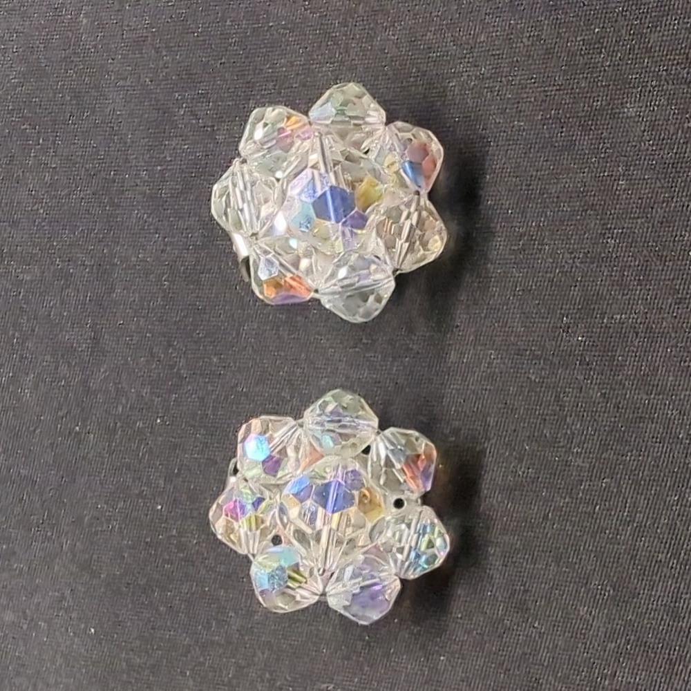 Vintage Aurora Borealis Crystal Bead Cluster Clip On Earrings Iridescent